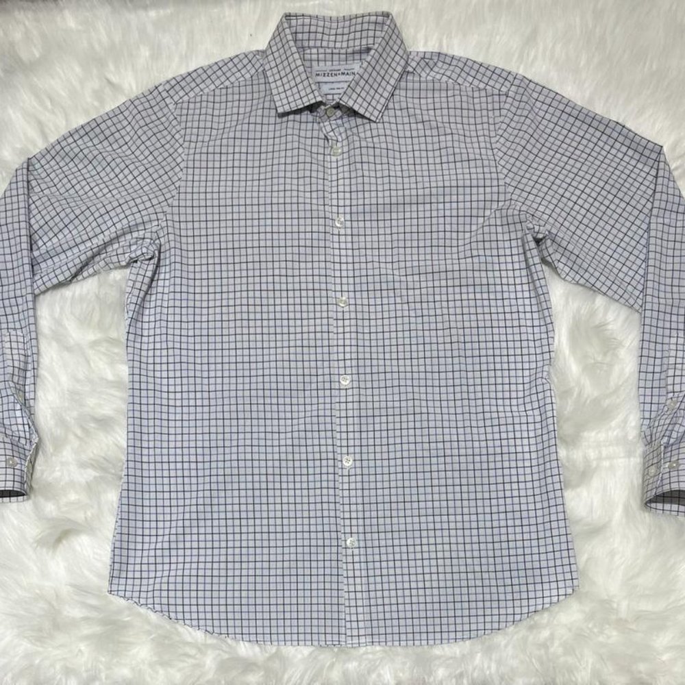 Mizzen+Main Leeward Men's Dress Shirt White and Navy Blue Checkered L Trim Fit
